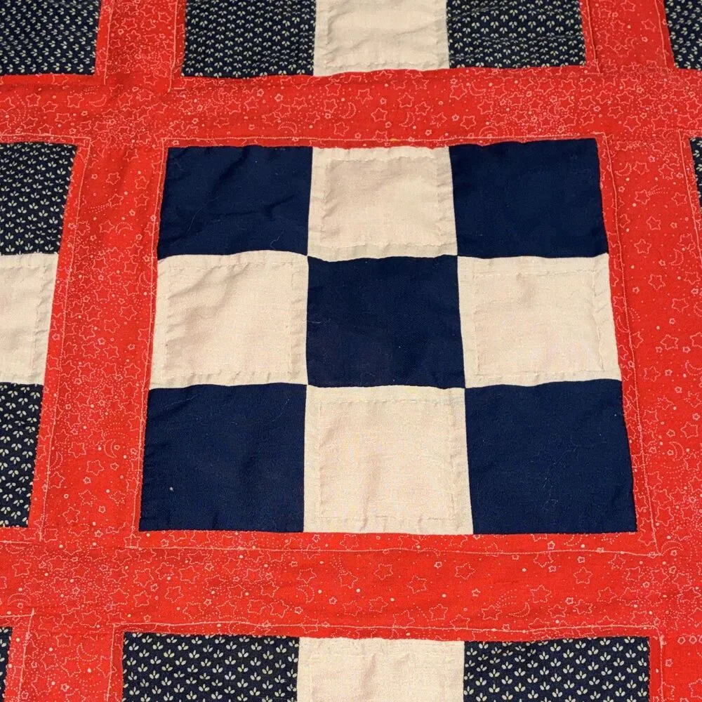 Red Blue White Patchwork Quilt Cottage Style 37 x 48 Rectangular
